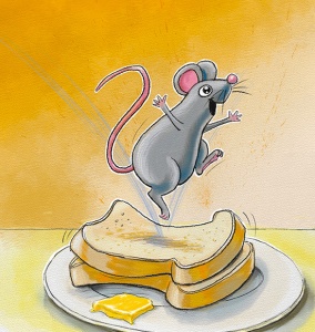 A happy mouse using toast as trampoline